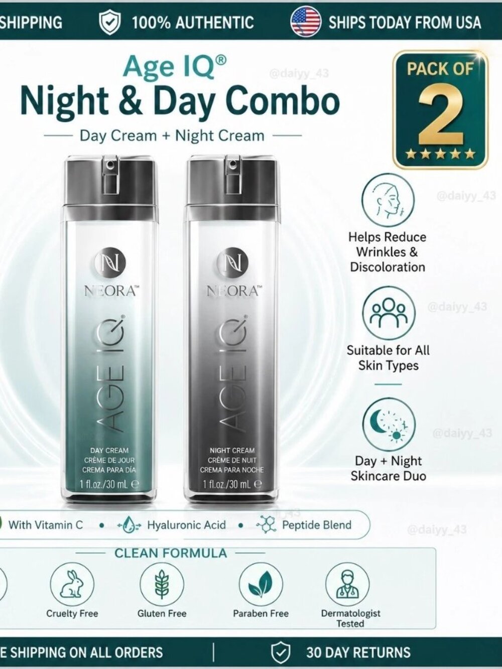 Neora Age IQ Day & Night Creams Full Size 1 oz Each – Factory Sealed – Exp. 2028 - Picture 2 of 6